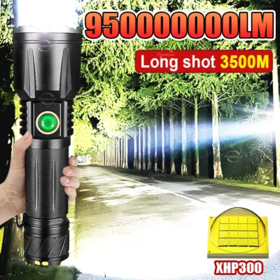 Lanterna LED Super Potente XHP300, Lanterna Tática Recarregável de Alta Potência, Lâmpada para Camping e Pesca com Bateria 18650 TYPE-C