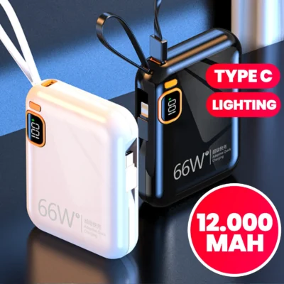 Power Bank 12000mAh Compacto com Carregamento Rápido e Cabo Integrado, Duas Saídas USB para Celular, Ideal para Viagem