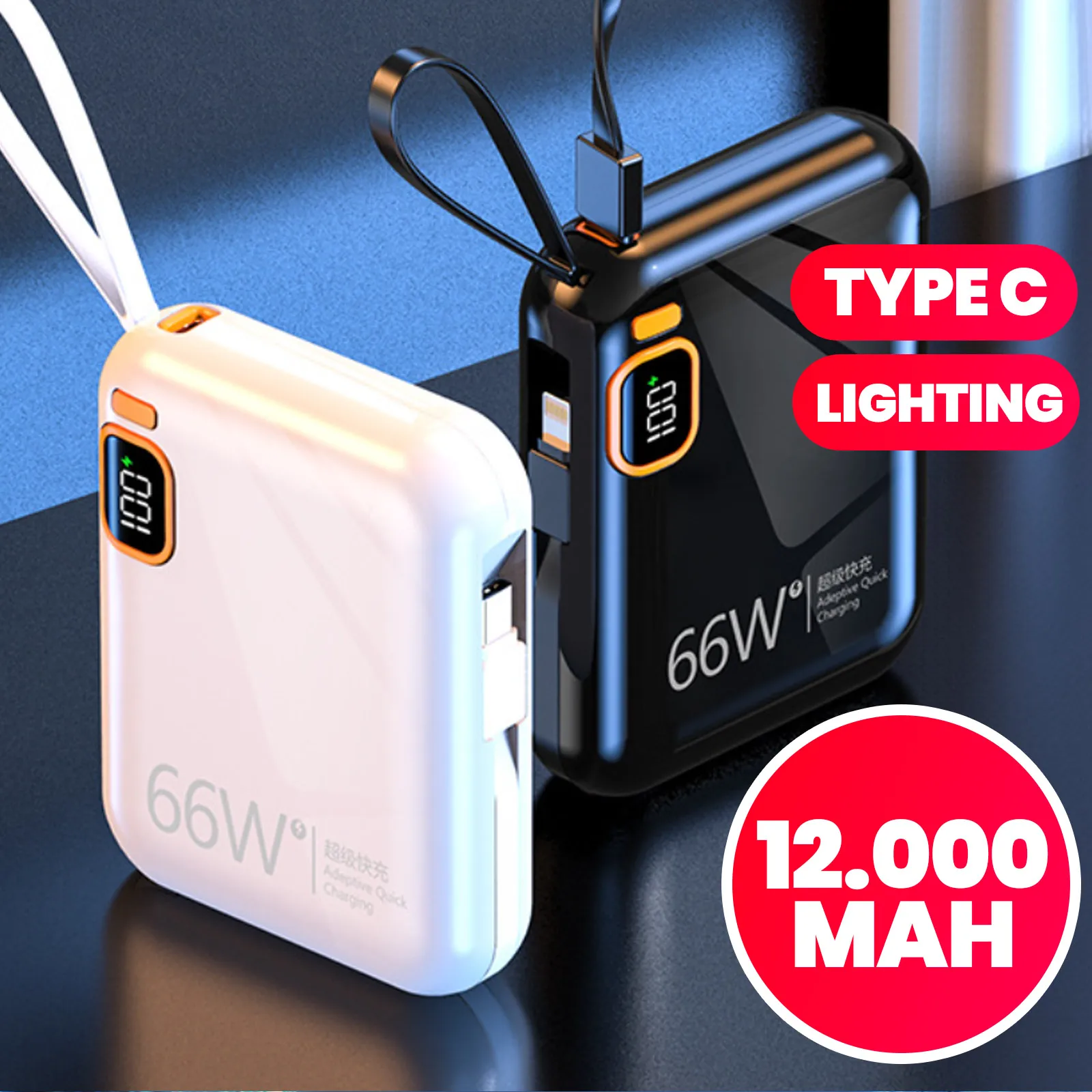 Power Bank 12000mAh Compacto com Carregamento Rápido e Cabo Integrado, Duas Saídas USB para Celular, Ideal para Viagem