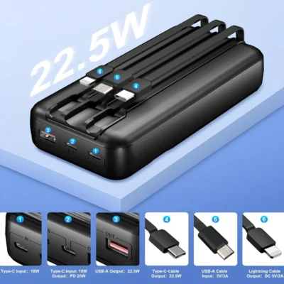 Carregador Portátil 20000mAh com 4 Saídas USB e Tela LED que Mostra a Bateria, Perfeito para Viagens Longas