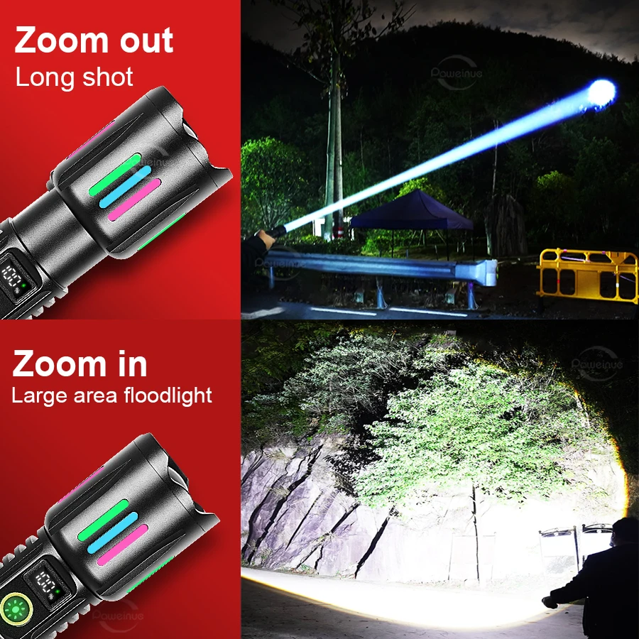Lanterna de Campismo de Alta Potência 800W com Laser Branco, Faixas Luminosas, Alcance de 4500m, Recarregável TYPE-C/USB e Zoom Ajustável - Image 6
