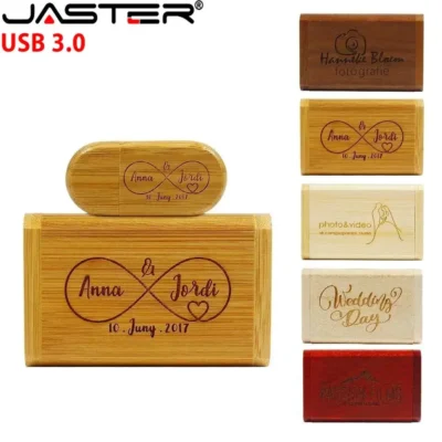 Pen Drive USB 3.0 em Caixa de Madeira JASTER com Logotipo Personalizado Grátis, Pendrive de Bambu, Presente de Casamento, Pen Drive de Memória 128GB 32GB 64GB