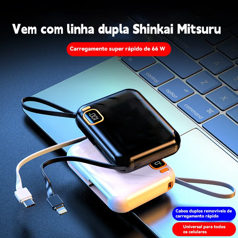 Power Bank 12000mAh Compacto com Carregamento Rápido e Cabo Integrado, Duas Saídas USB para Celular, Ideal para Viagem - Image 3
