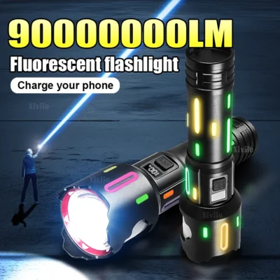 Lanterna LED Mais Poderosa 90000000LM, Tocha Tática Recarregável de Alta Potência, Lâmpada de Mão de Longo Alcance, Lanterna de Luz Forte para Exteriores
