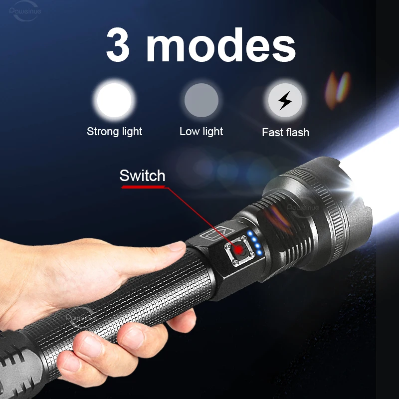 Lanternas LED de alta potência XHP390 100000 LM recarregável luz forte lanterna tática militar autodefesa emergência led tocha - Image 3