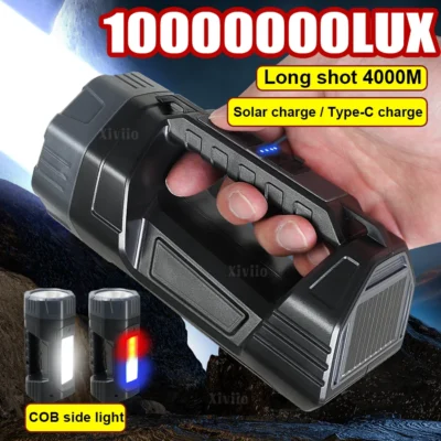 10000000lm holofote recarregável solar/carregamento usb lanterna led de alta potência tático super brilhante ao ar livre lanterna à prova dwaterproof água