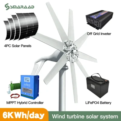 Turbina eólica horizontal com controlador livre e sistema de células solares para uso doméstico, 6kWh, 12V, 24V, 48V, 220V