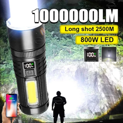 Lanterna LED de alta potência de 1.000.000 lúmens com baterias duplas integradas, tocha recarregável portátil, lanterna tática de acampamento