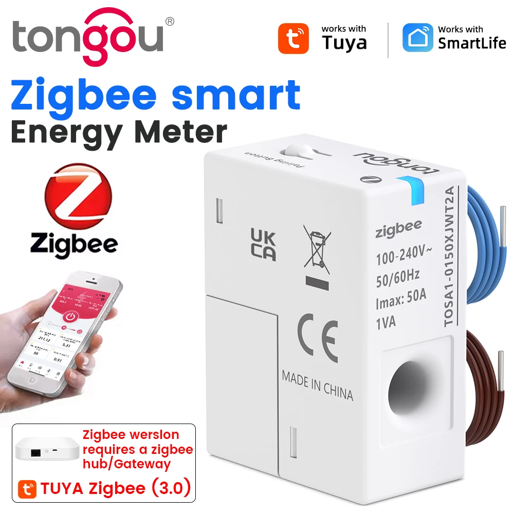 Medidor de energia inteligente Zigbee Tuya 1-50A, monitor de energia em tempo real, funciona com assistente doméstico/vida inteligente, trilho DIN TONGOU