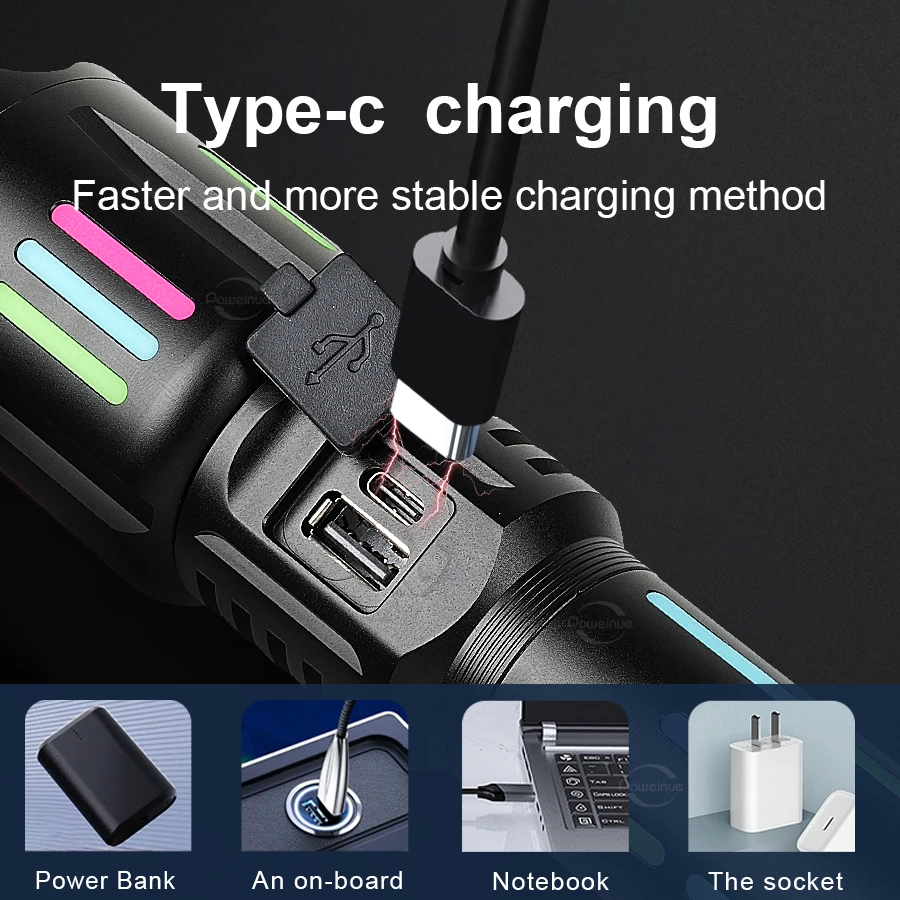 Lanterna de Campismo de Alta Potência 800W com Laser Branco, Faixas Luminosas, Alcance de 4500m, Recarregável TYPE-C/USB e Zoom Ajustável - Image 4