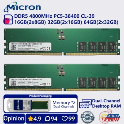 Memória RAM Micron DDR5 16GB 32GB 64GB 4800 dual channel para desktop DIMM