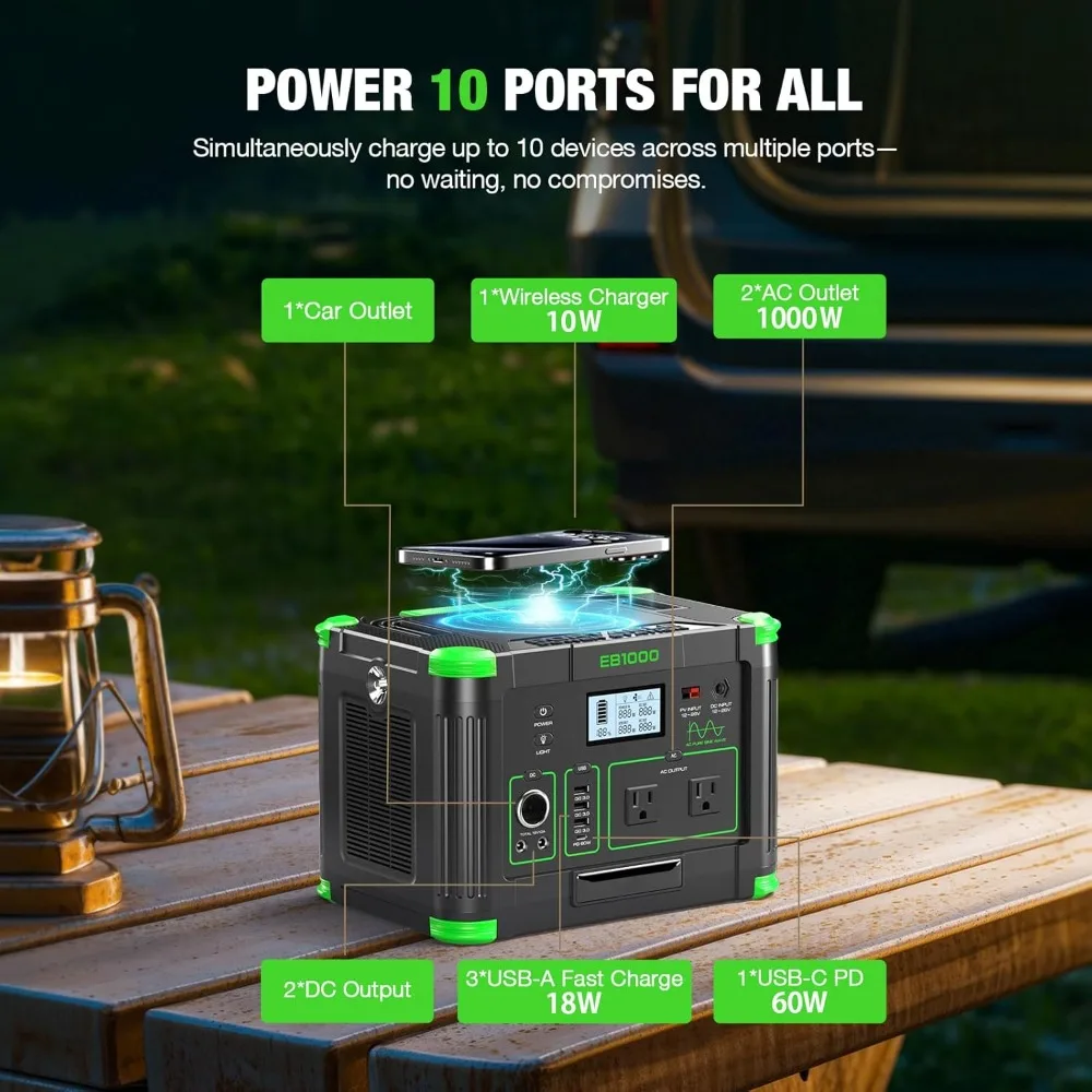 Estação de Energia Portátil de 1000W, Gerador Solar de 999Wh com Carregamento Rápido USB-C PD 60W para Camping ao Ar Livre, RV e Backup Residencial - Image 5