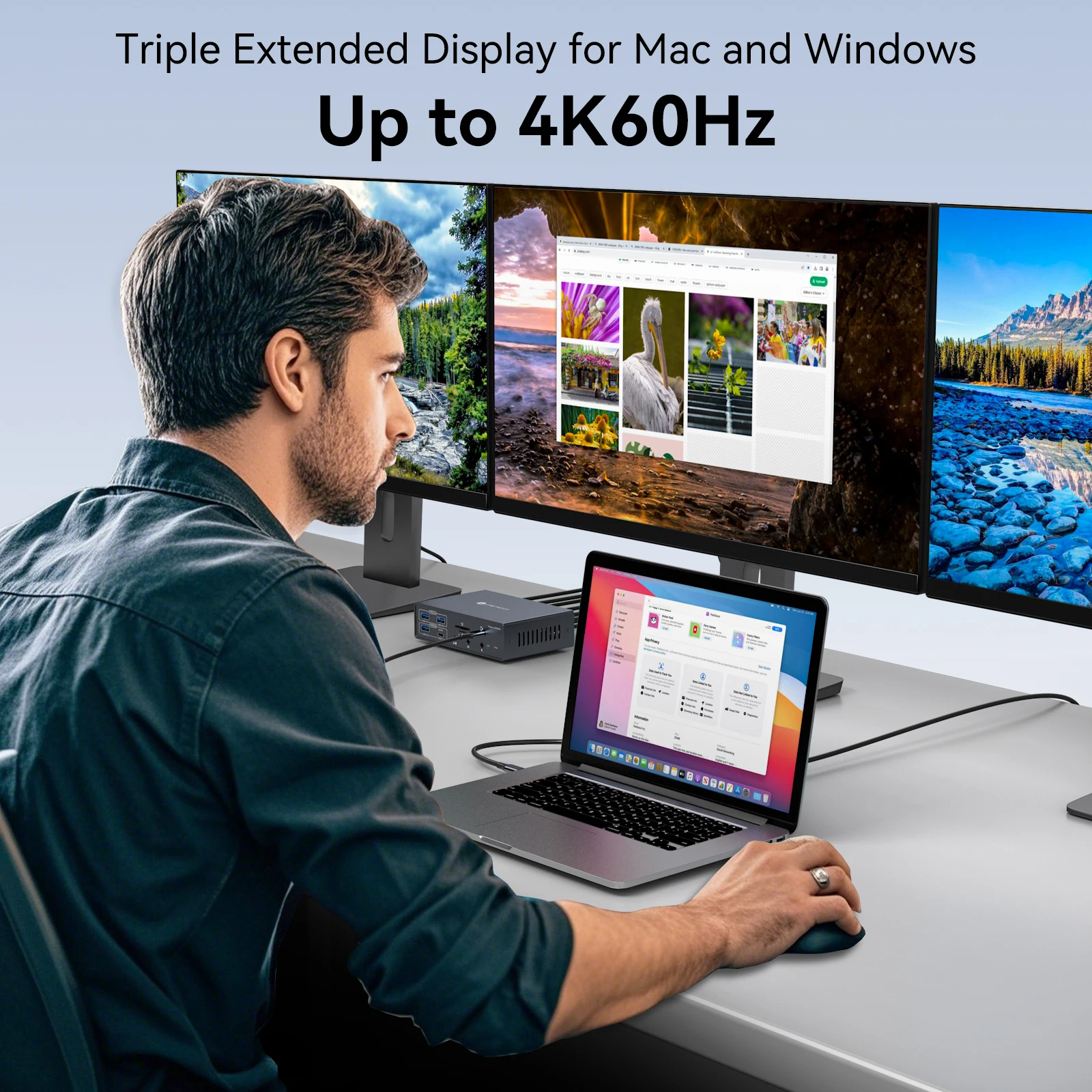 Estação de acoplamento USB C Displaylink 4K @ 60Hz 3 monitores para MacBook M1/2/3/4 Windows 19 em 1 USB 3.0 USB C Laptop Dock 3 monitores - Image 6