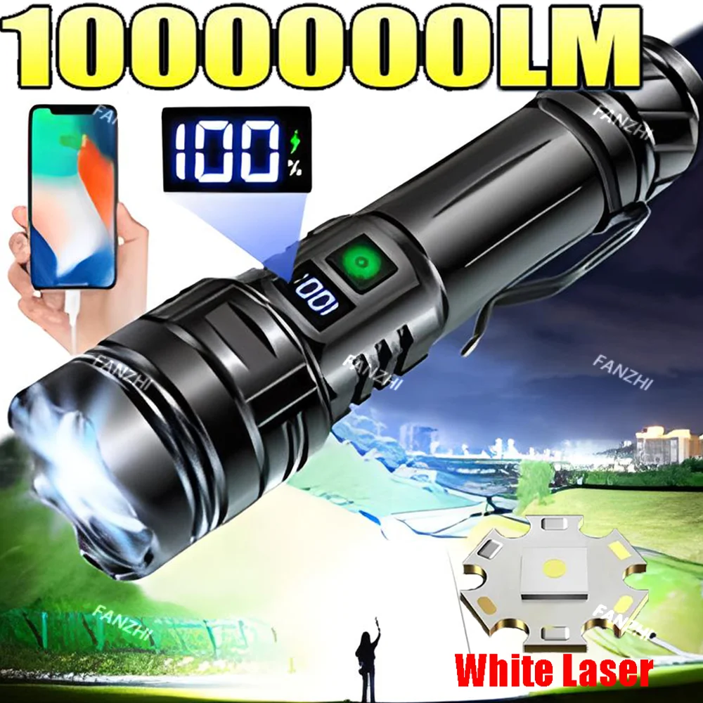 Lanterna LED recarregável super brilhante, portátil Ultra poder tocha lâmpada, lanterna de acampamento emergência ao ar livre, 1000000LM