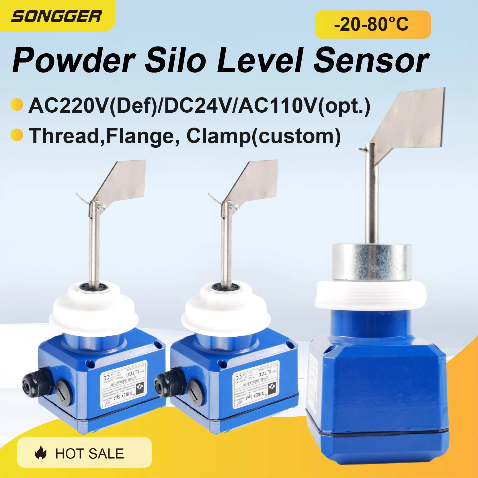 Sensor de Nível Tipo Pá Rotativa para Pó Granel em Silos AC220V DC24V Instalação com Rosca Carcaça de Alumínio Interruptor de Nível Industrial para Hopper