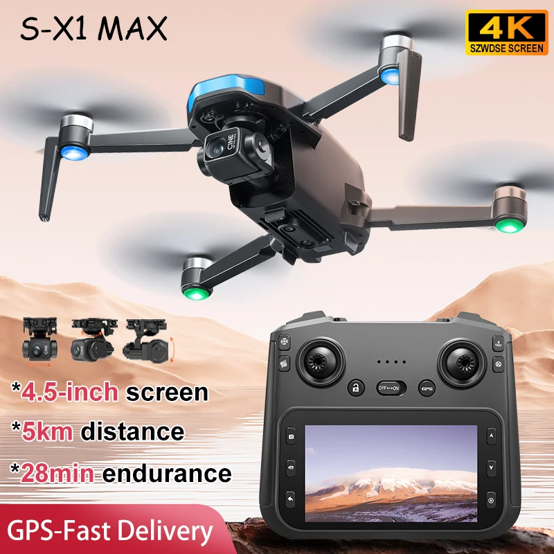 S-X1 MAX GPS Drone Profissional 4K Câmera 3 eixos Gimbal Antena FPV Brushless Security Drone com Controle de Tela Grande Quadcopter