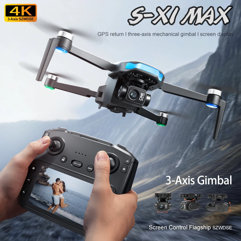 S-X1 MAX 4K Drone Profissional Com Câmera HD 3 Eixos Gimbal GPS Dron Brushless 5G WIFI Tela Controle Remoto RC Quadcopter Brinquedos
