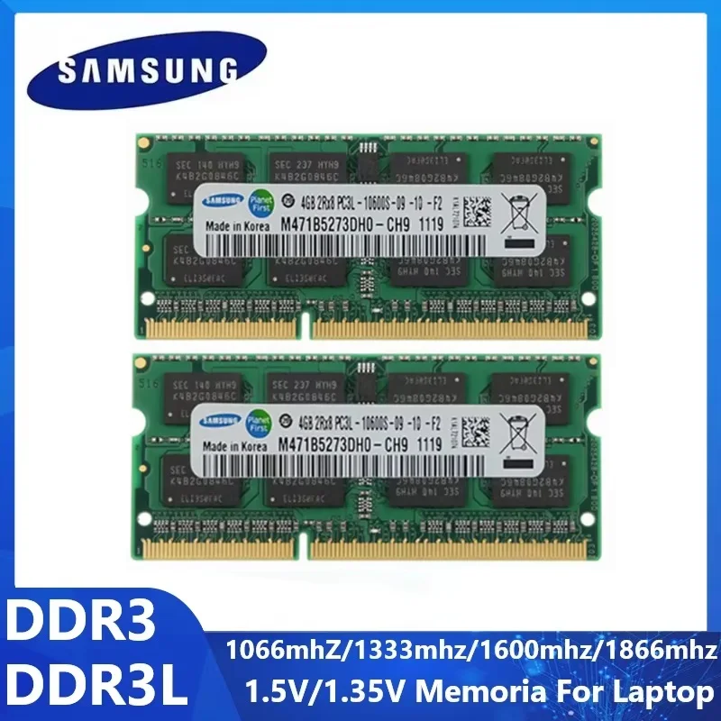 Memória SAMSUNG DDR3 DDR3L Laptop Ram SODIMM Memoria 2GB 4GB 8GB 1066 1600MHz 1866MHz Notebook de alto desempenho Memoria 1.35/1.5V