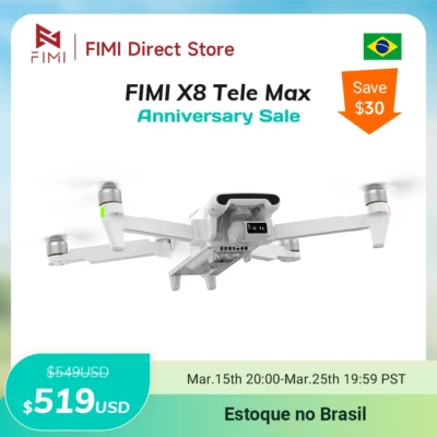 Drone FIMI X8 Tele Max com Alcance de 20km, Câmera Dupla Profissional 4K Original 60fps, Gimbal de 3 Eixos e Visão Noturna com IA, Tempo de Voo de 30min