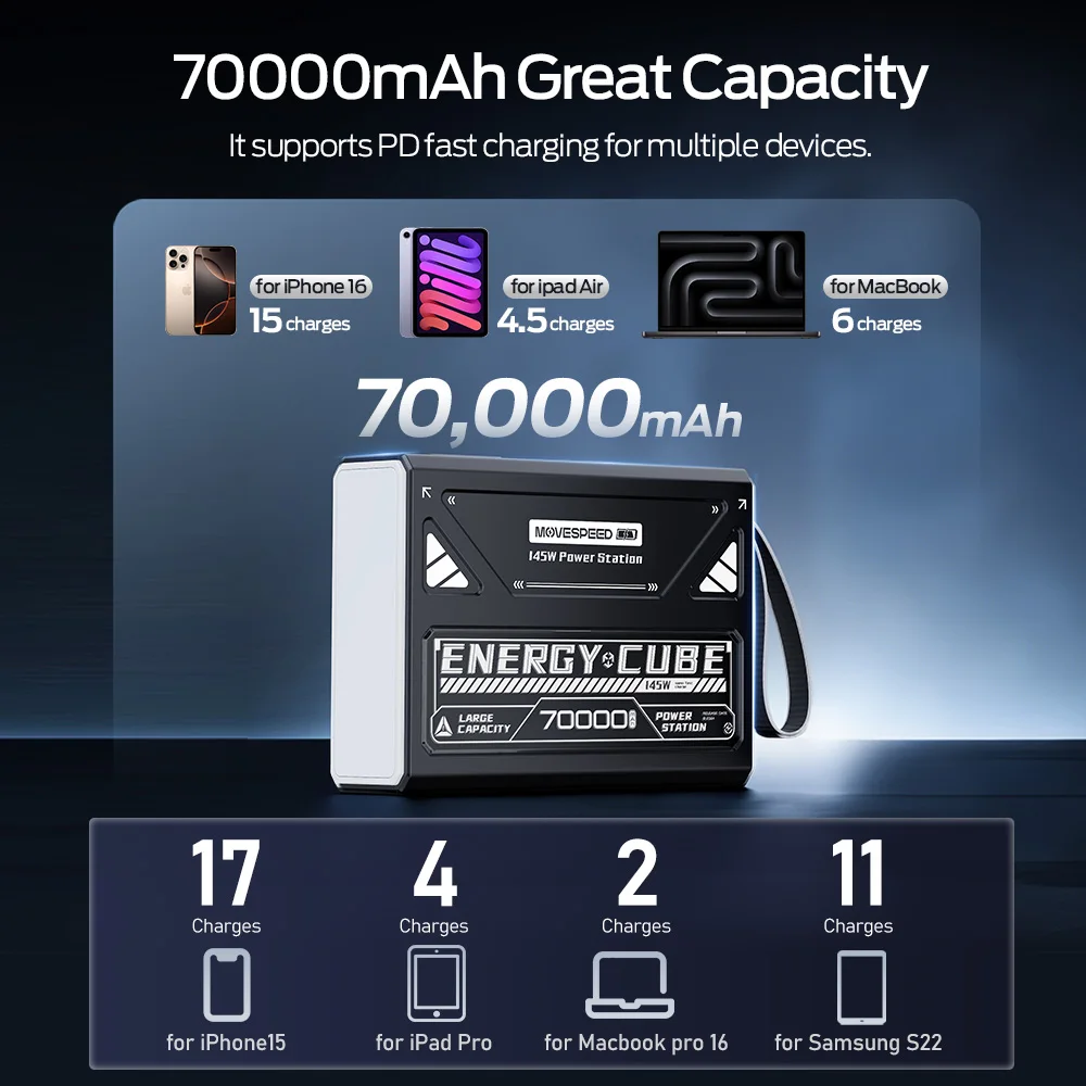 Movespeed z70pro power bank 70000mah 140w pd estação de energia de bateria externa de carga rápida com lanterna para laptop acampamento ao ar livre - Image 2