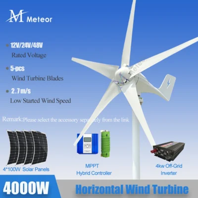 Gerador eólico horizontal meteoro, turbina de 4000w, 12v, 24v, 48v, baixo ruído, moinho de vento médio doméstico, uso pequeno para sistema de energia gratuito