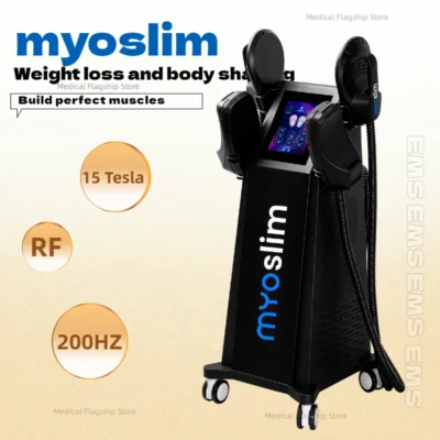 Estimulador Muscular MYOslim 15Tesla com 4 Eletrodos RF para Estimulação Eletromagnética, Remoção de Gordura, Construção Muscular e Perda de Peso