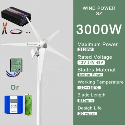 Gerador de turbina eólica horizontal, 3000w, 12v, 24v, 48v, dínamo poderoso, energia livre, com mppt, sistema off grid, uso doméstico, moinho de vento