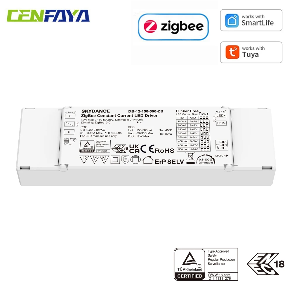 Driver LED CENFAYA 12W ZigBee 3.0 com Controle Inteligente por Voz Alexa via App TUYA, Dimmer de Corrente Constante 150-500mA, Fonte de Alimentação Regulável