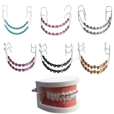 2 pares de suportes falsos dentais, acessórios de decoração dentária temporária, fios de metal, ligadura ortodôntica colorida