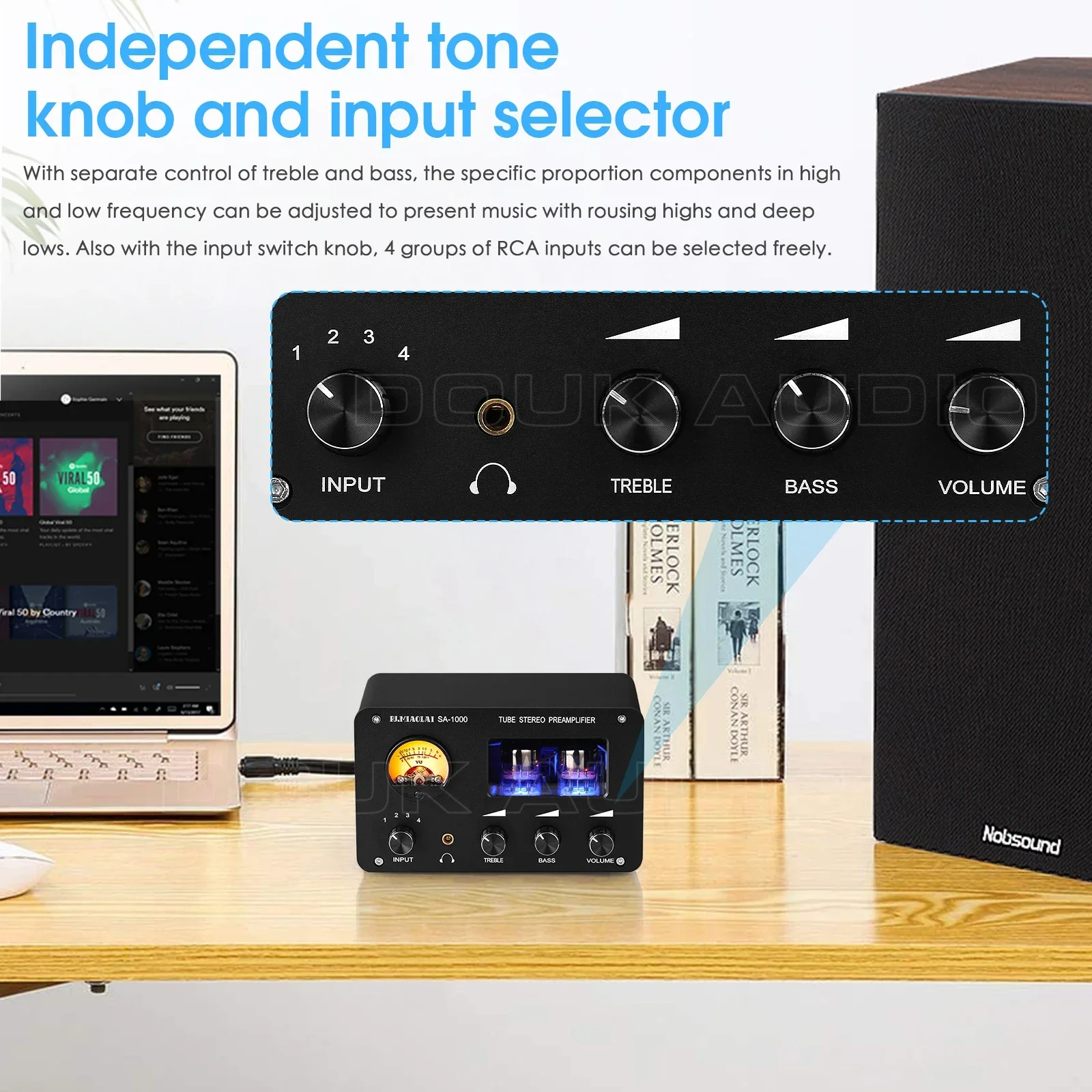 Nobsound hifi tubo de vácuo pré-amplificador estéreo 4 vias switcher amplificador de fone de ouvido de mesa com medidor vu controle de agudos e graves - Image 5