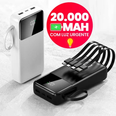 Power Bank 20000mAh Recarga Ultra Rápida com 4 Portas USB e Display Digital Carregador Portátil para Múltiplos Dispositivos