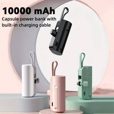 Power Bank 10000mAh Leve com Cabo Embutido, Carregador Portátil para Celular, Emergência e Uso Diário
