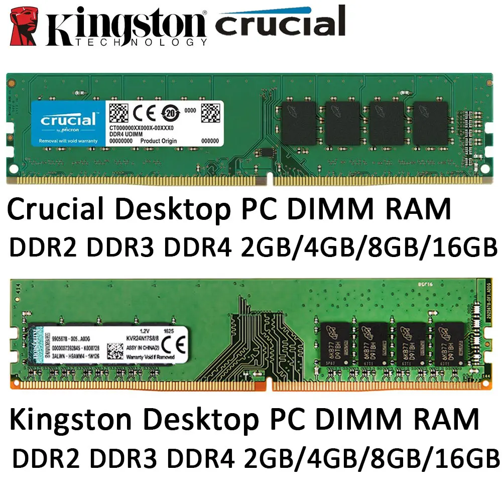 Memória RAM Crucial para Desktop DDR4 DDR2 DDR3 8GB 2GB 4GB 16GB 3200MHz 2666 2400 2133 667 800 1333 1600MHz DIMM PC Single e Dual Rank
