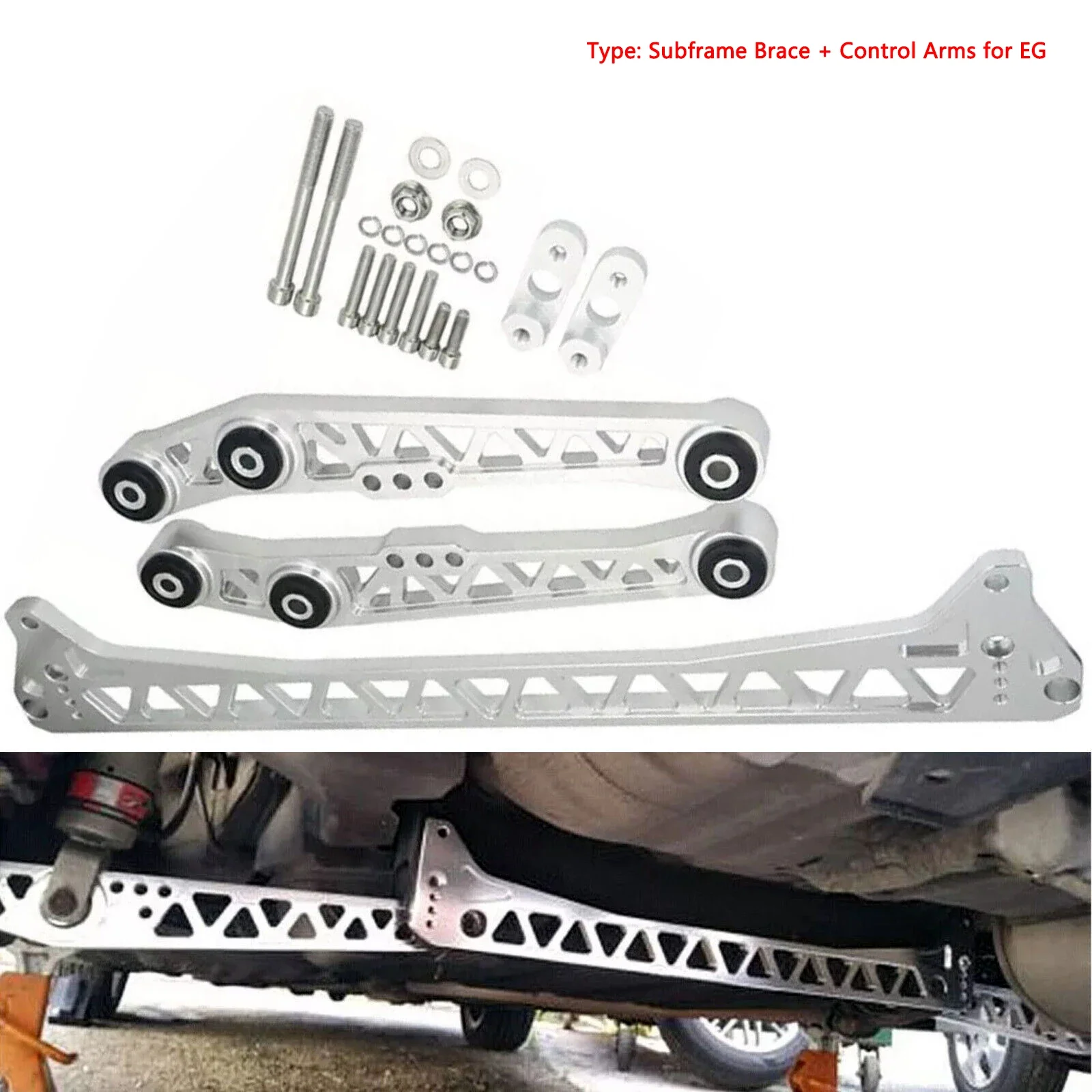 Kit de atualização de suspensão usinada de boleto de prata para 92-95 Honda Civic EG braços de controle inferiores traseiros + suporte de subquadro boleto - Image 3