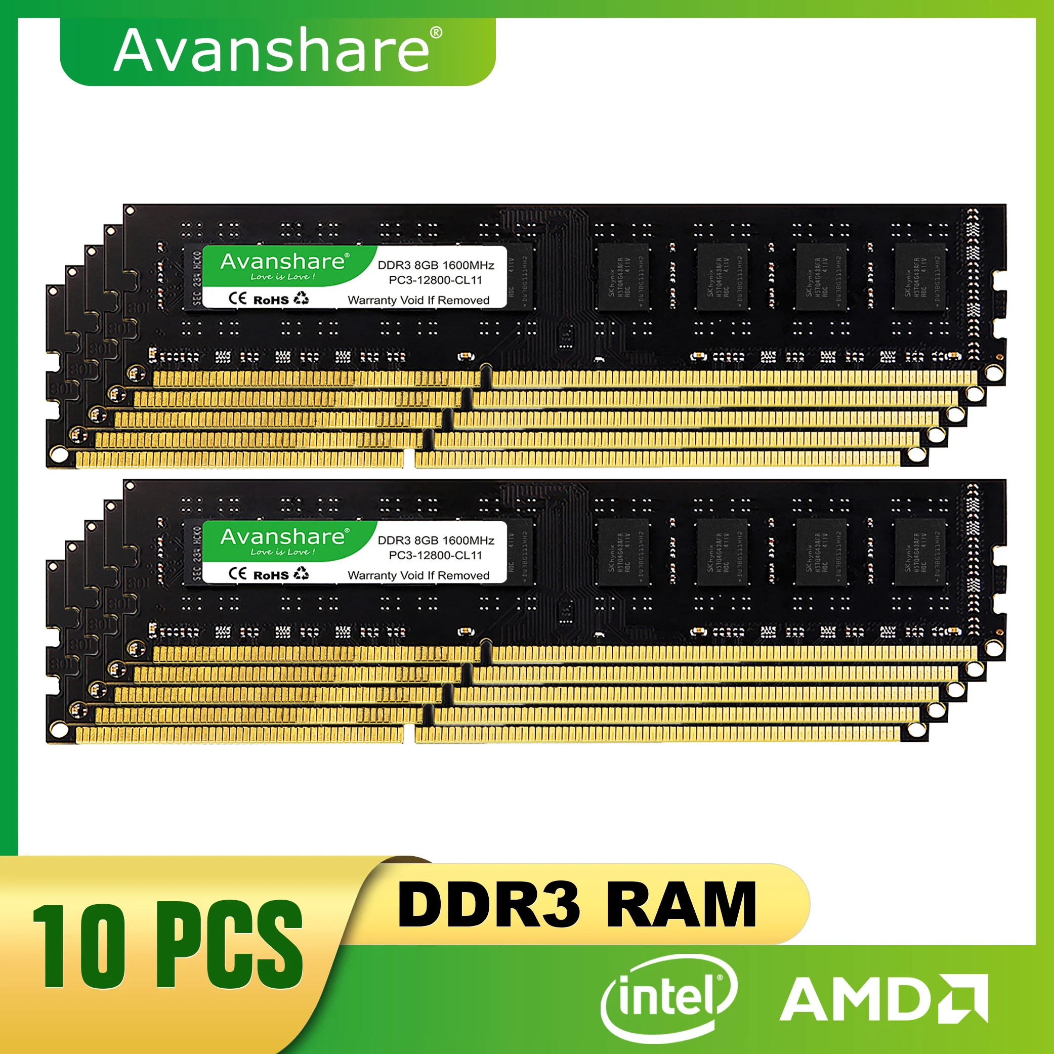 Avanshare-Super 8GB Desktop RAM, DDR3, 1600MHz, 1333MHz, PC3-12800U, PC3-10600U, 4GB DIMM, Intel AMD, 1.5V, 1.35V, 2RX8, Memória não-ECC