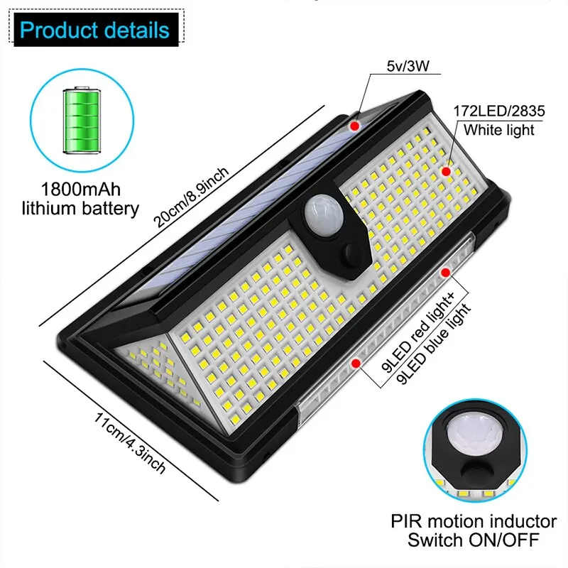 Luz solar solar ao ar livre com sensor de movimento, decoração do jardim, lâmpada de parede, 4 Mode, IP65 impermeável, porta do quintal, 190LED - Image 3