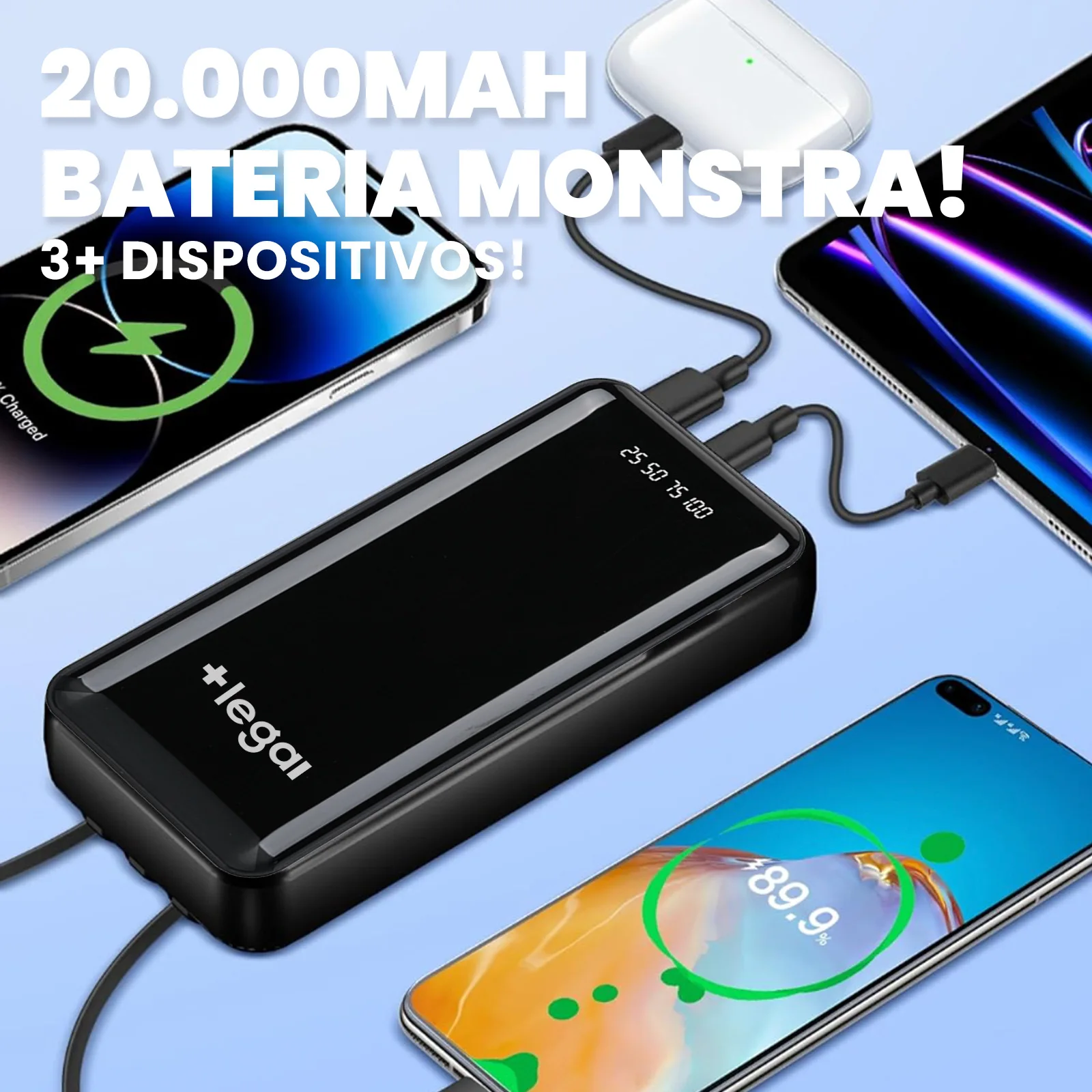 Power Bank 20000mAh com Lanterna Portátil Design Favos de Mel Bateria Externa Alta - Image 2