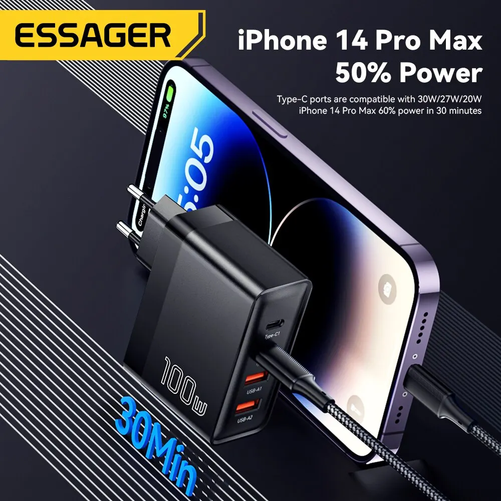Essager 100W GaN USB Tipo C Carregador PD QC Carga Rápida 4.0 3.0 Tipo C Ricarica Rapida Por iPhone 14 13 12 Xiaomi Macbook - Image 4