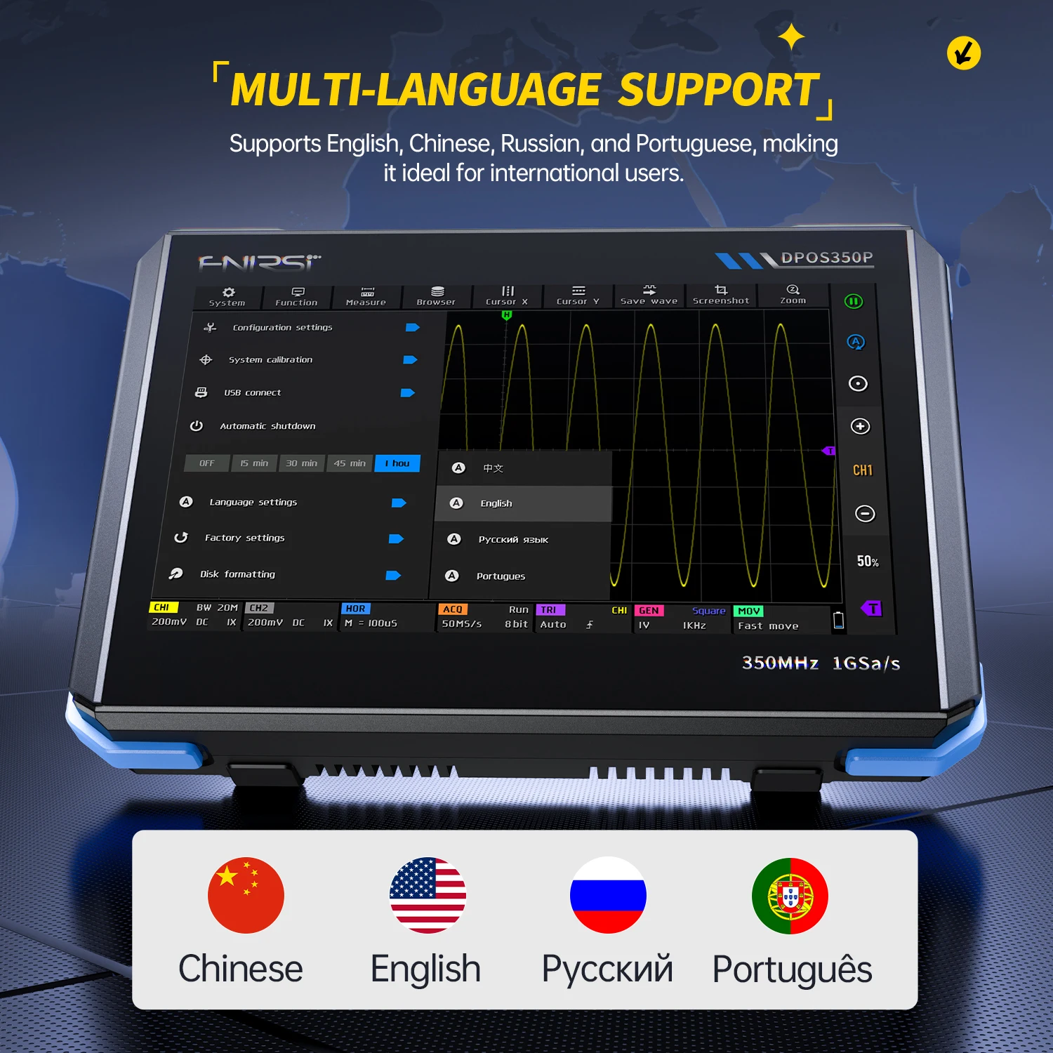 FNIRSI DPOS350P 4 em 1 Tablet Osciloscópio Digital 2CH 350MHz Gerador de Sinal, Analisador de Espectro, Analisador de Resposta de Frequência - Image 6