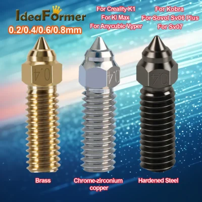 Cobre chapeado endurecido aço vulcão bicos, Creality K1, K1 Max, Anycubic Vyper, Kobra, Sovol, Sv06 Plus, Sv07, 0,4 latão, 3pcs