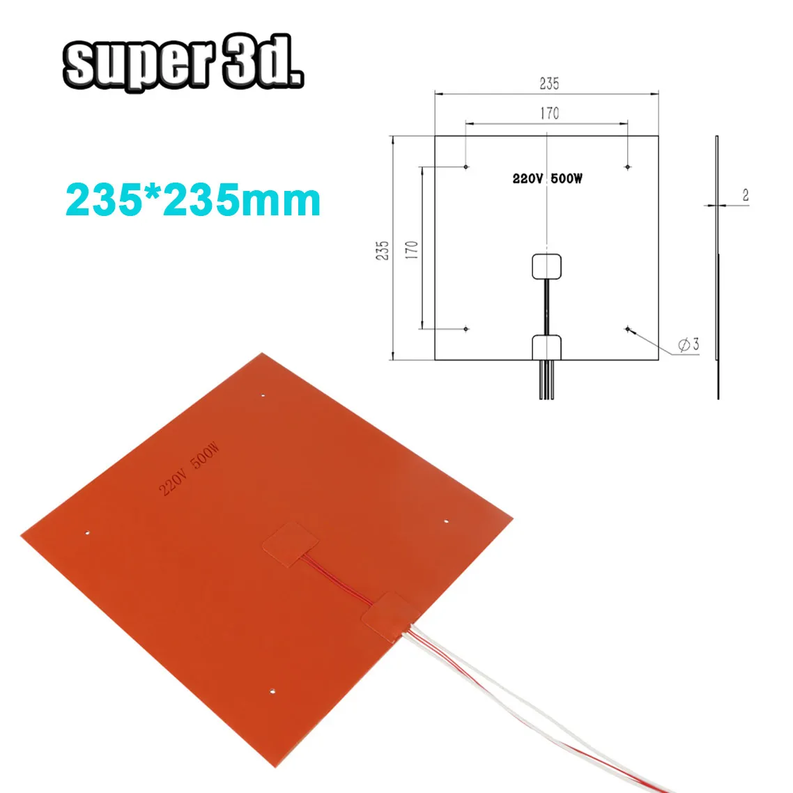 Almofada de aquecimento de cama aquecida de silicone à prova d'água 220/300/310/235/400mm 24v/220v para impressora 3d ender3 cr10 peças cama quente - Image 3