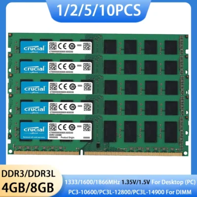 1/2/5/10PCS Memória Crucial Desktop DDR3 DDR3L RAM 8GB 4GB 1600 1333 1866MHz Memória DIMM 1.35V 1.5V PC3-12800 10600 14900 RAMs