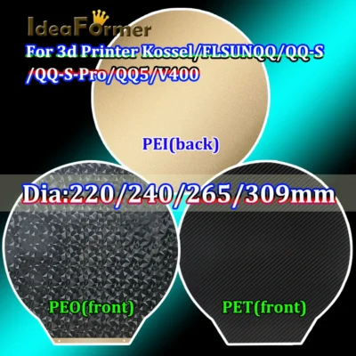 IdeaFormer dupla cama aquecida PEO/PET + PEI Primavera aço folha PEI cama Dia220/240/265/309mm redondo para FLSUN QQ/ V400/ QQ-S-Pro/QQ5