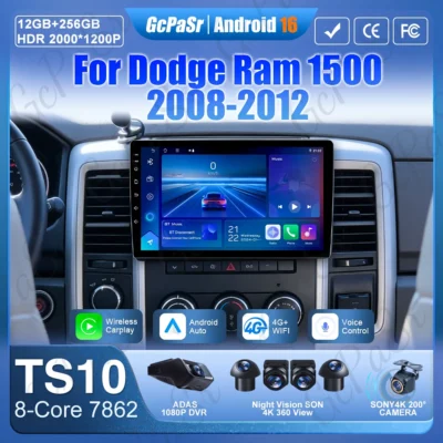 Android 16 para dodge ram 1500 2008-2012 navegação gps vídeo rádio do carro carplay não 2din monitor de carro tela multimídia automotiva
