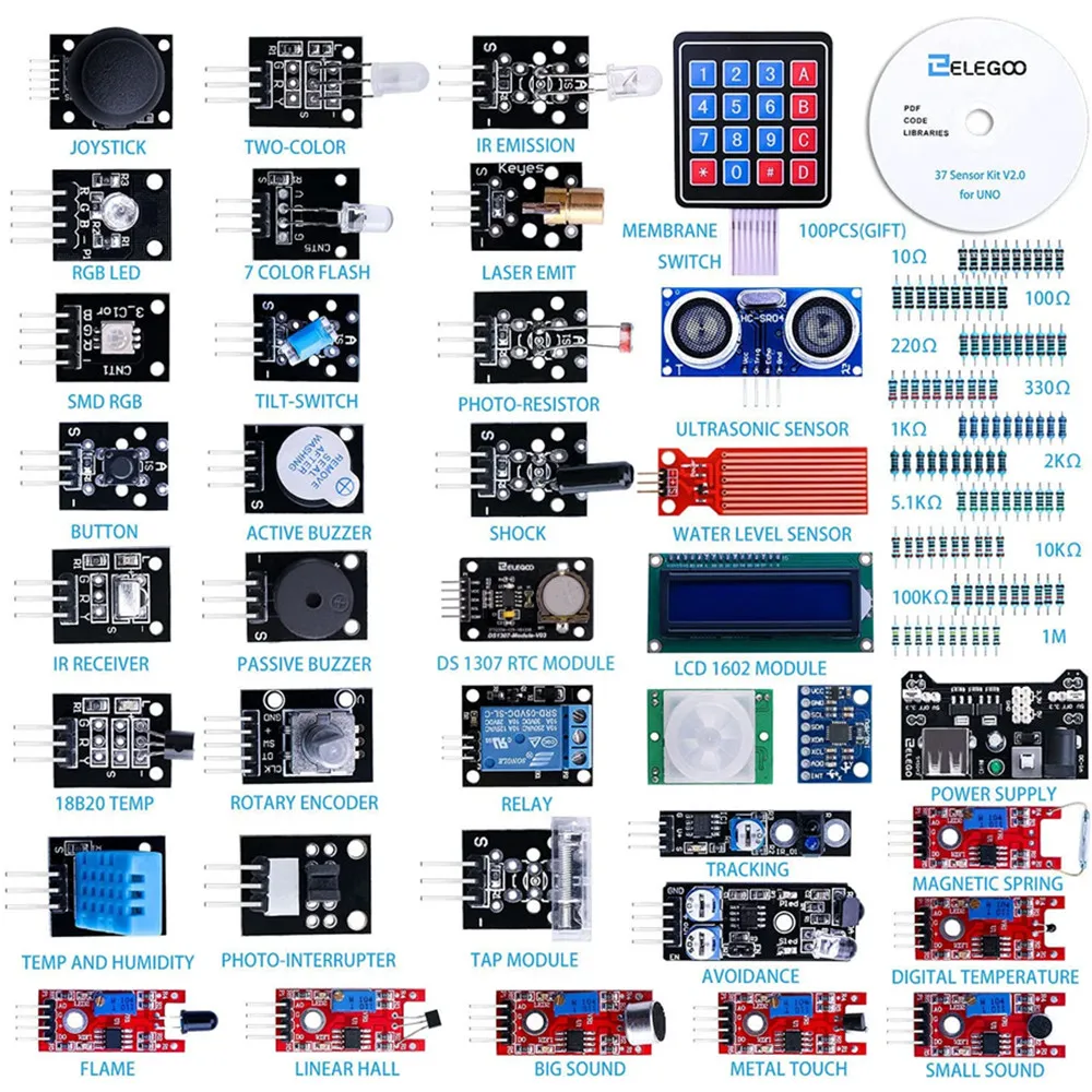 ELEGOO Kit de módulos de sensor 37 em 1 atualizado com tutorial compatível com Arduino IDE UNO R3 MEGA Nano Kit eletrônico DIY