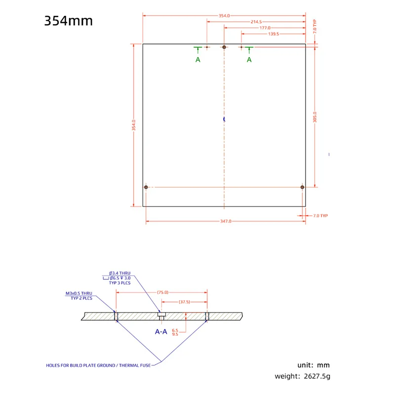 Mellow cnc 300mm/350mm diy voron trident impressora 3d 5083 precisão fundição de alumínio placa de construção 8mm cama quente baixa distorção de calor - Image 6