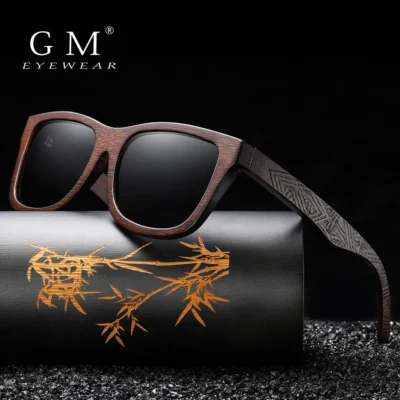 GM Óculos de sol de madeira de bambu natural feitos à mão óculos polarizados lentes de revestimento de espelho com caixa de presente