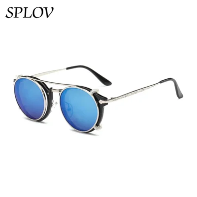 Moda vintage vapor punk clipe redondo em óculos de sol das mulheres dos homens dupla camada lente removível retro esculpir pernas tons oculos uv400