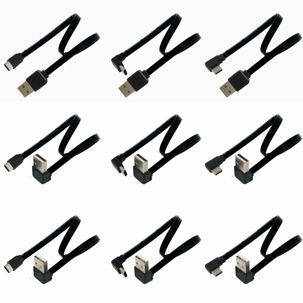 USB-C tipo c macho esquerda direita up down angular 90 graus para usb 2.0 macho cabo de dados usb tipo-c cabo plano 0.1m/0.2m/0.5m/1m