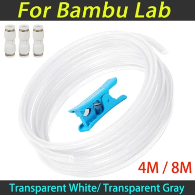 Tubo PTFE para Bambu Lab P1P/P1S/X1/X1C, 2.5mm ID×4mm OD, Comprimento 4/8M, Tubo PTFE Transparente Branco/Cinza com Cortador de Tubos para Impressora 3D
